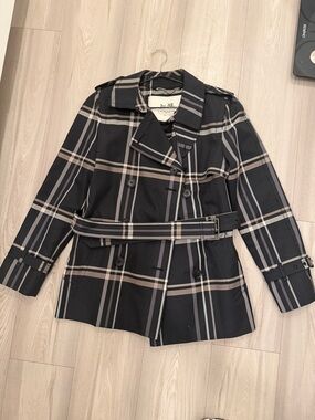 Coach Black Plaid Double-Breasted Trench Coat with Beige Stripes